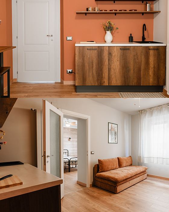 Open space con pavimento effetto legno e arredi in legno