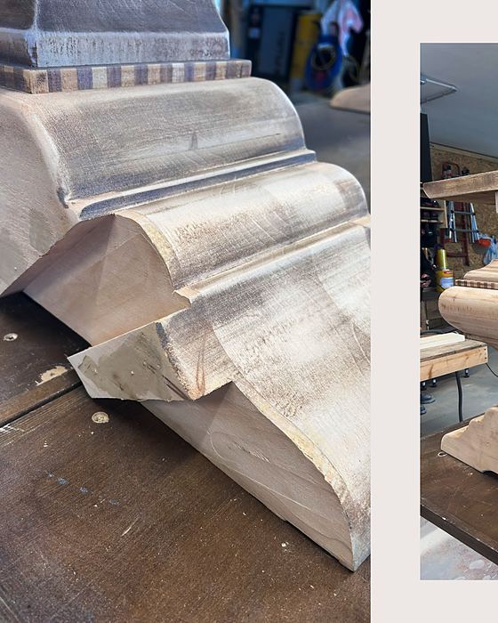 Elemento sagomato in legno in lavorazione